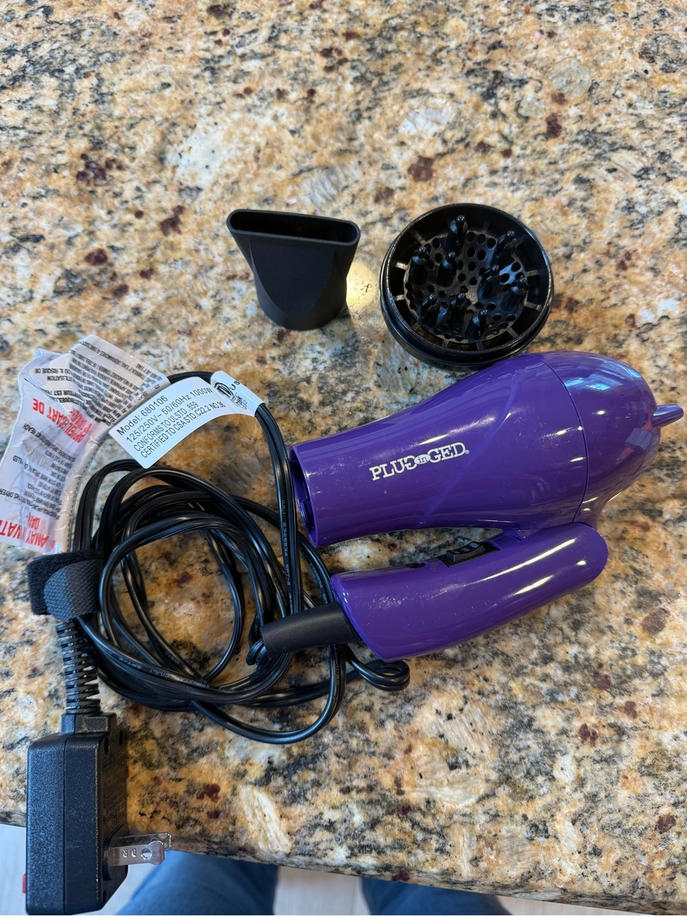 Plugged in. Fold up travel 5” hairdryer